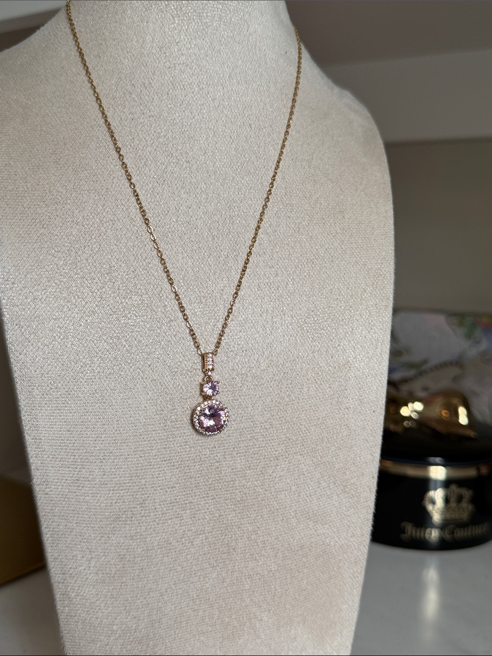 BaubleBar Gold Necklace with Pink Crystal Double Drop Pendant